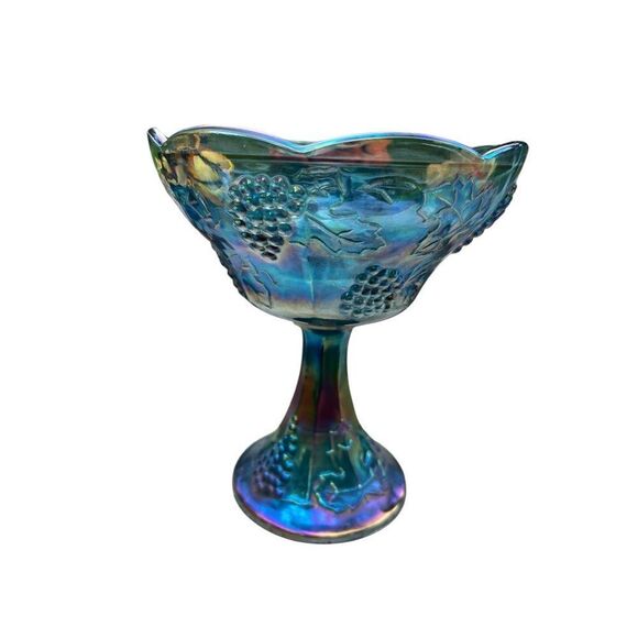 Vintage Indiana Carnival Glass - Blue Grape Vine Harvest Compote Iridescent - Picture 1 of 5